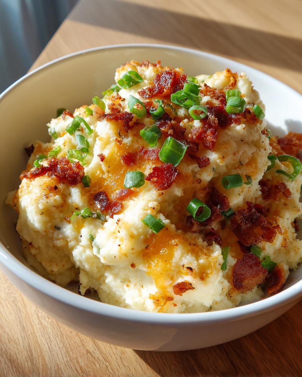 Close-up of Instant Pot Loaded Mashed Cauliflower topped with melted cheese, bacon bits, and green onions.
