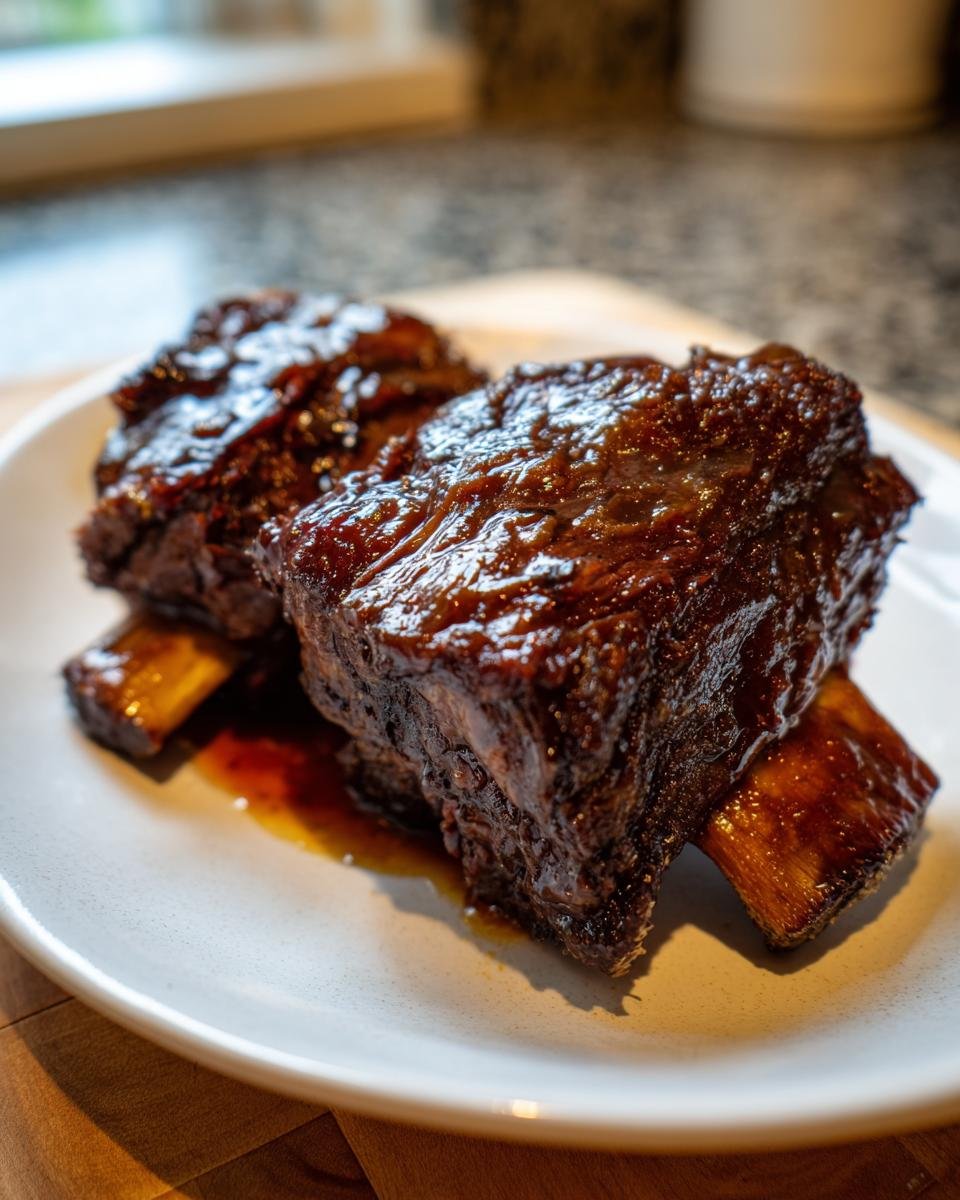 Two tender, glazed Instant Pot Short Ribs served on a light-colored plate with rich sauce.