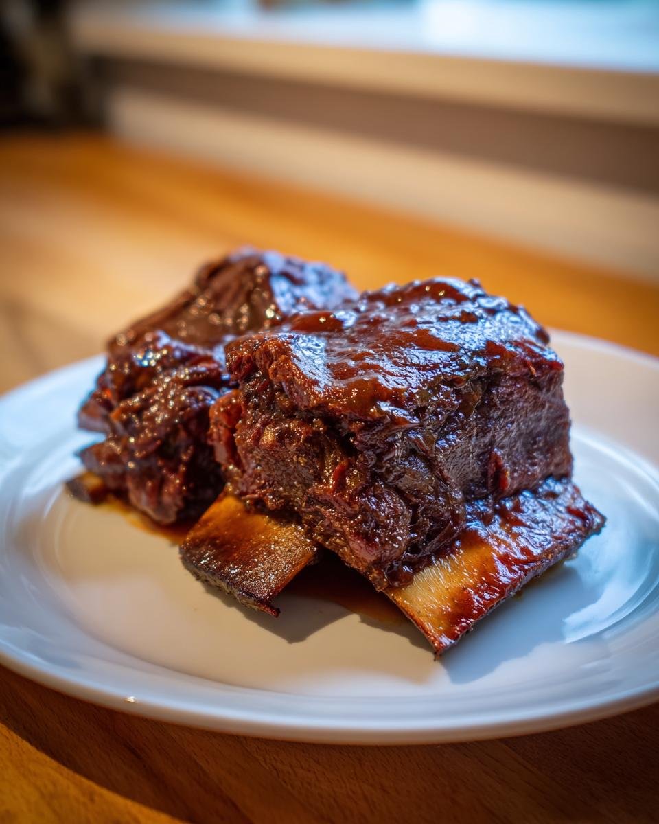 Two tender, saucy Instant Pot Short Ribs served on a white plate, glistening with a rich glaze.
