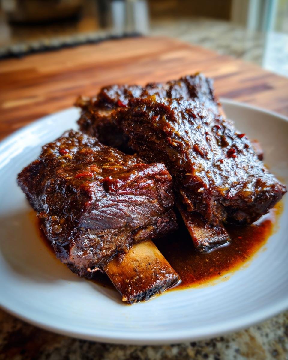 Two pieces of tender, glazed Instant Pot Short Ribs resting in sauce on a white plate.