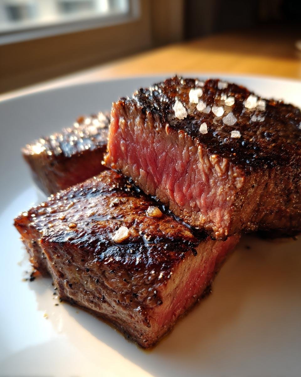 Close-up of three thick-cut, medium-rare Churrasco Steak pieces seasoned with flaky sea salt.