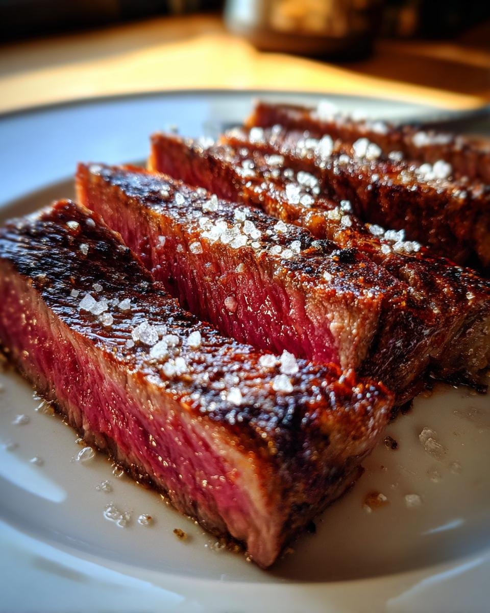 Close-up of medium-rare Churrasco Steak, sliced and topped generously with flaky sea salt crystals.