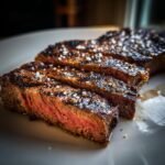 Close-up of juicy, medium-rare Churrasco Steak, sliced and topped with coarse flaky salt.