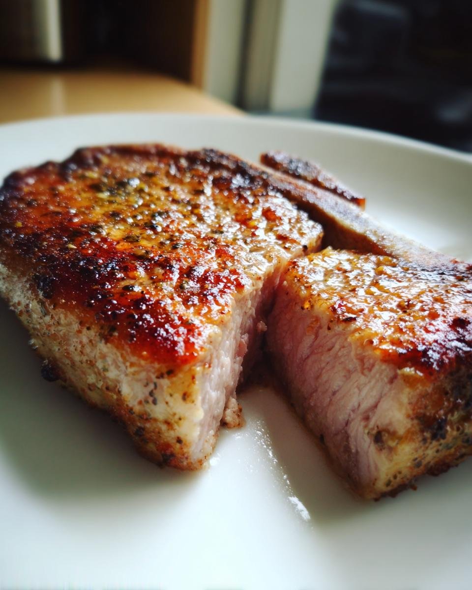 Close-up of a thick, juicy fried pork chop cut in half, showing a perfectly cooked interior.