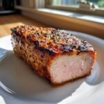 A perfectly cooked, thick slice of Juicy Grilled Pork Tenderloin showing a beautifully seared crust and tender pink interior.