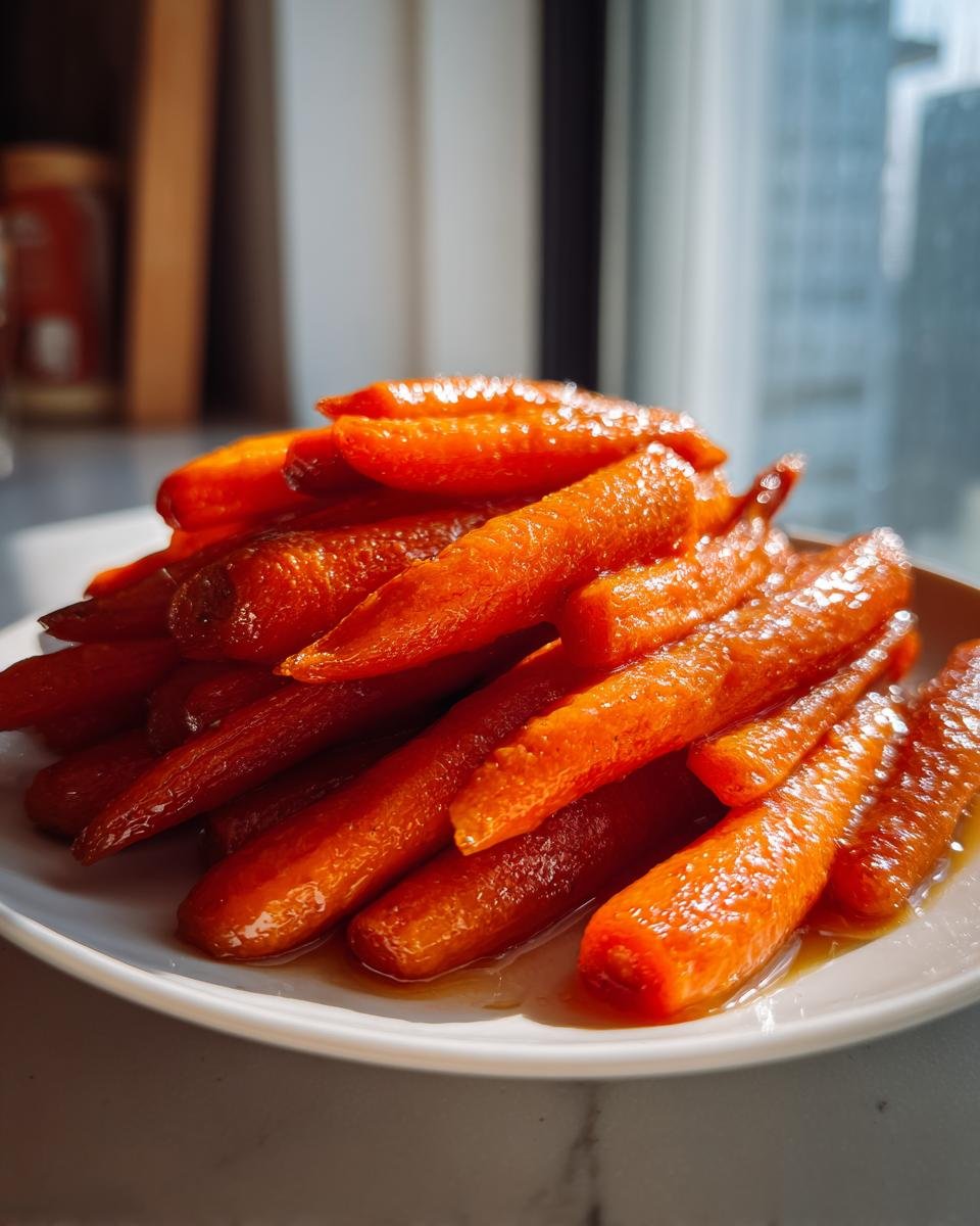 A pile of glistening, glazed Maple Roasted Carrots served on a white plate.