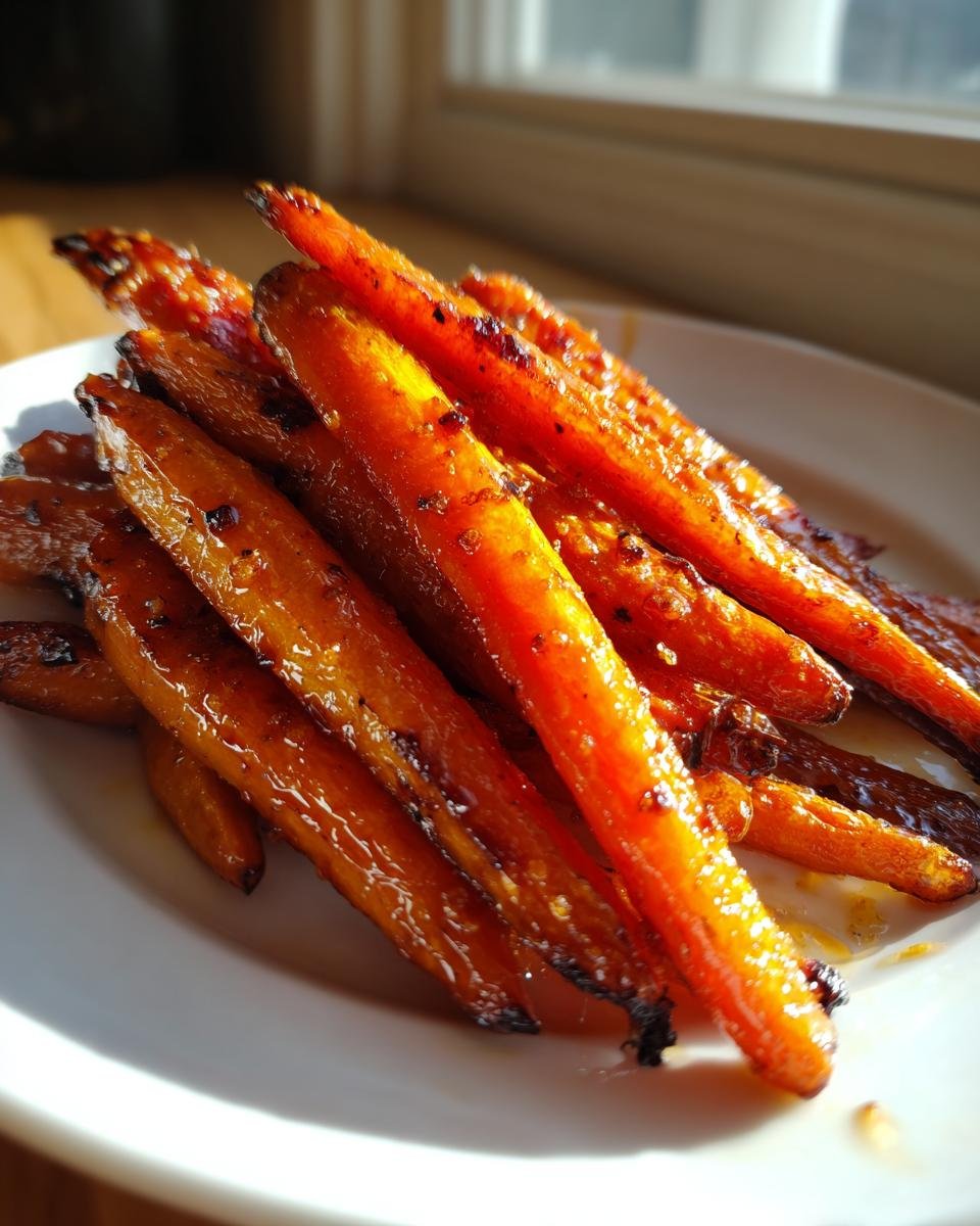 A close-up of shiny, glazed Maple Roasted Carrots piled on a white plate, catching the sunlight.