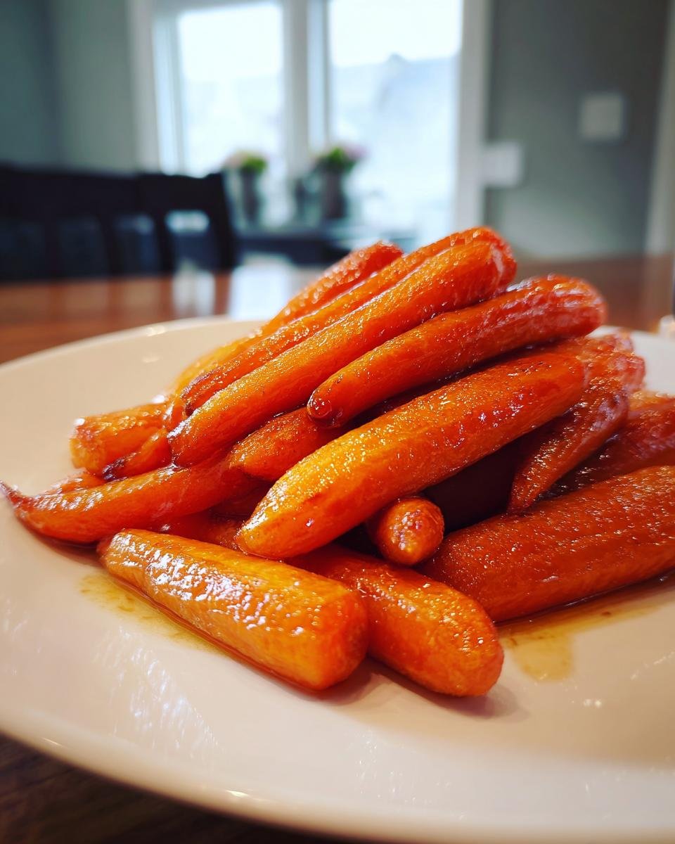 A close-up of shiny, glazed Maple Roasted Carrots piled high on a white serving plate.