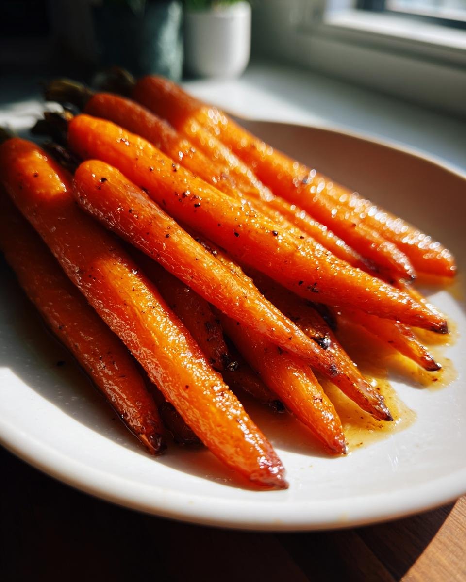 Close-up of glossy, glazed Maple Roasted Carrots seasoned with pepper, served on a white plate.