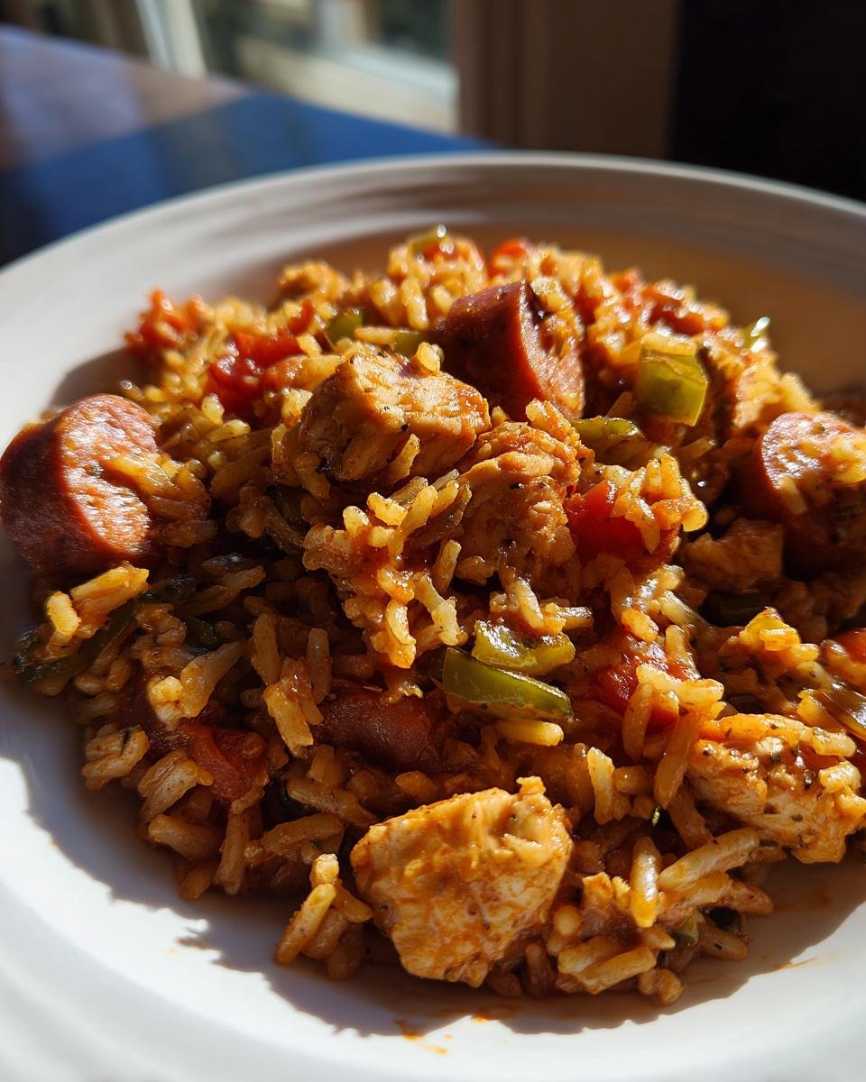 A close-up of a hearty serving of chicken and sausage Jambalaya in a white bowl, bathed in sunlight.