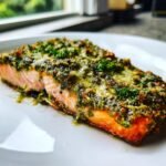 A close-up of a perfectly cooked Oven Baked Pesto Salmon fillet topped with green pesto and herbs on a white plate.