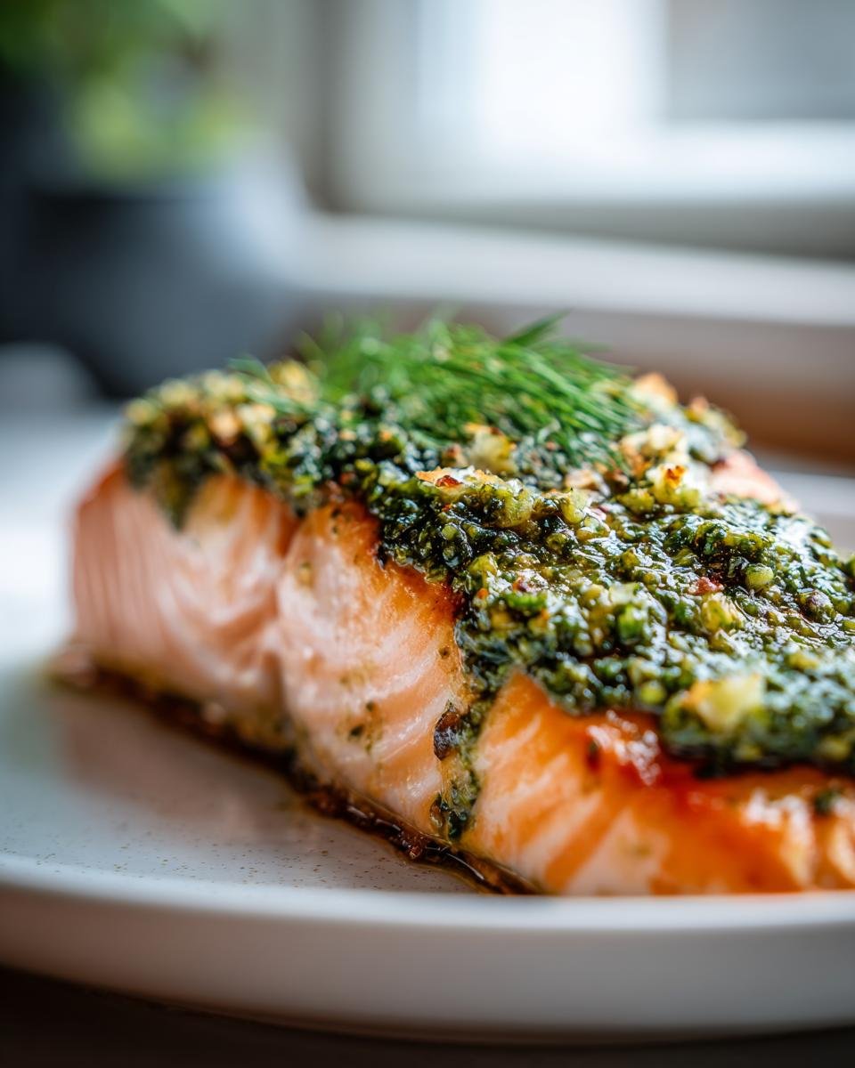Close-up of a perfectly cooked Oven Baked Pesto Salmon fillet topped with vibrant green pesto and fresh dill.