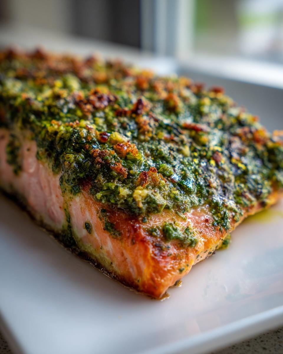 Close-up of a thick salmon fillet topped with vibrant green pesto crust, ready after being Oven Baked Pesto Salmon.