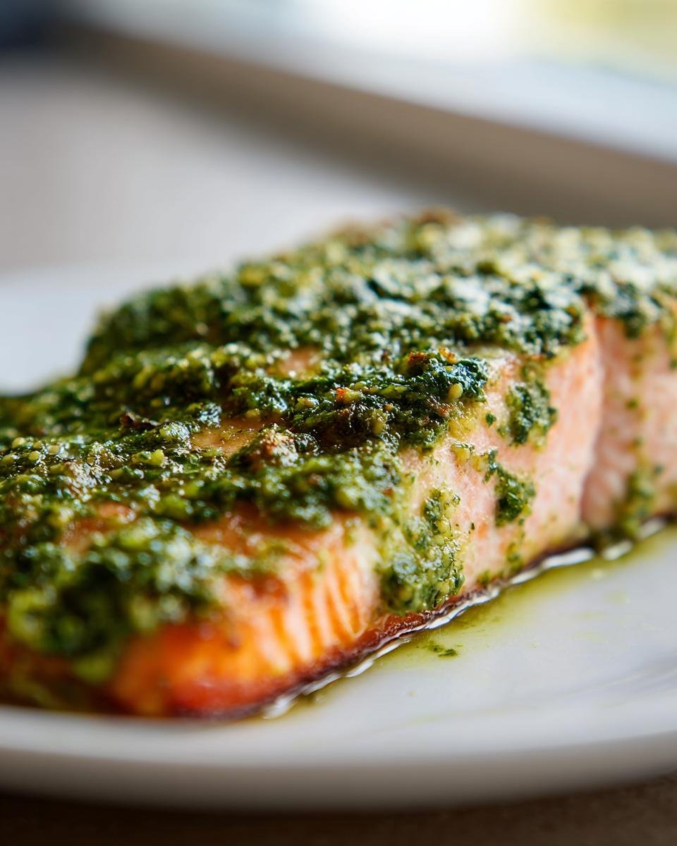 A close-up shot of a perfectly cooked fillet of Oven Baked Pesto Salmon resting on a white plate.