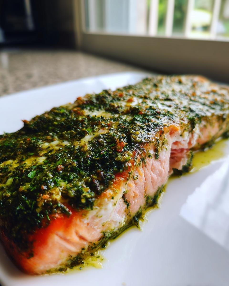 Close-up of a perfectly cooked Oven Baked Pesto Salmon fillet with a thick layer of green pesto topping on a white plate.