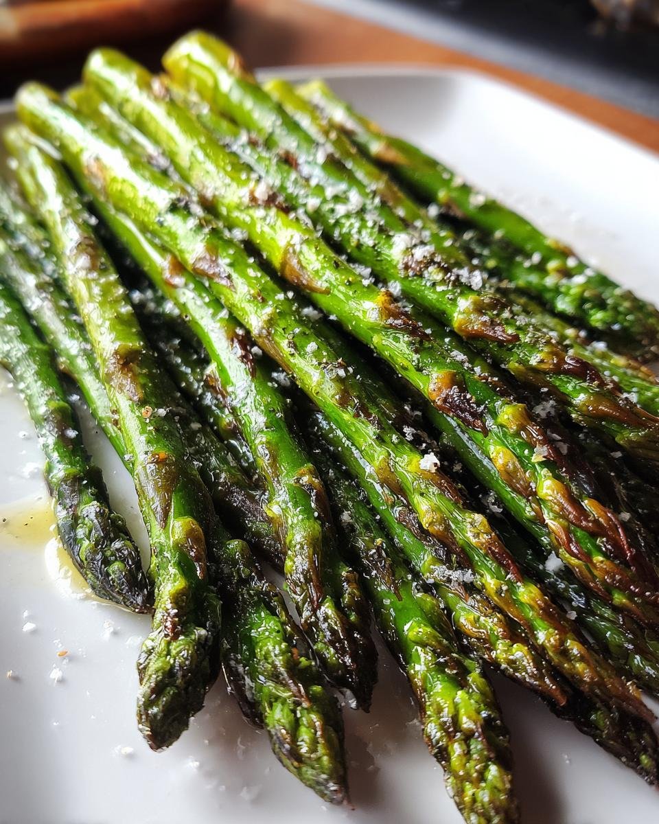 Close-up of bright green Oven Roasted Asparagus spears sprinkled with coarse sea salt on a white plate.