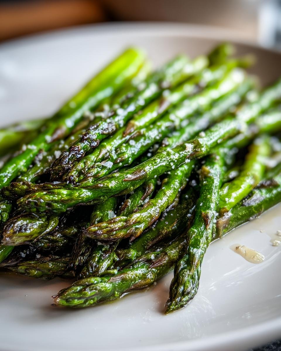 Close-up of bright green Oven Roasted Asparagus spears sprinkled with coarse salt on a white plate.