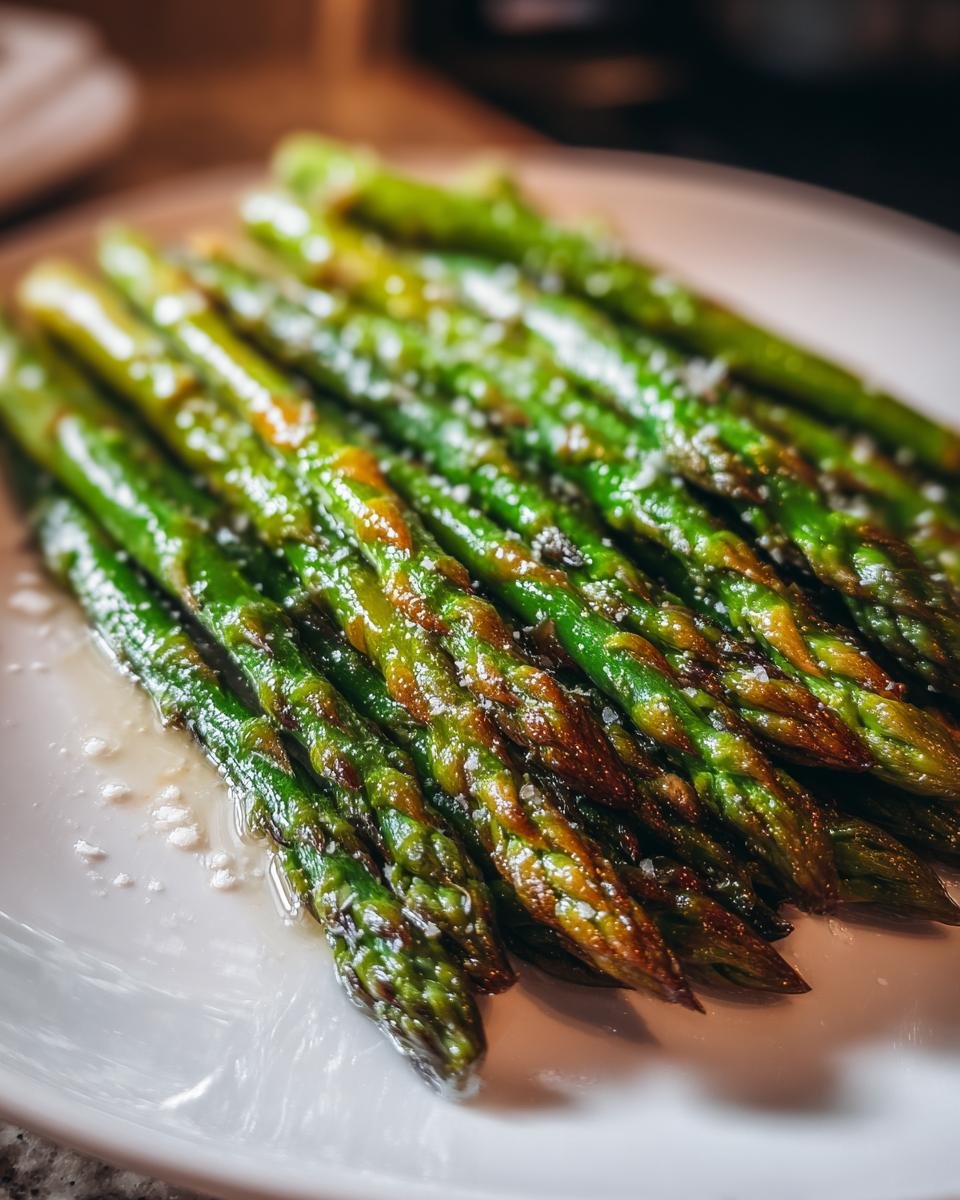 Close-up of bright green Oven Roasted Asparagus spears seasoned with coarse salt on a white plate.