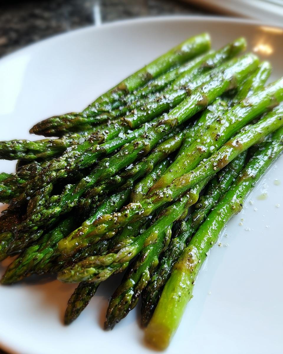 Close-up of bright green Oven Roasted Asparagus seasoned with coarse salt and pepper on a white plate.