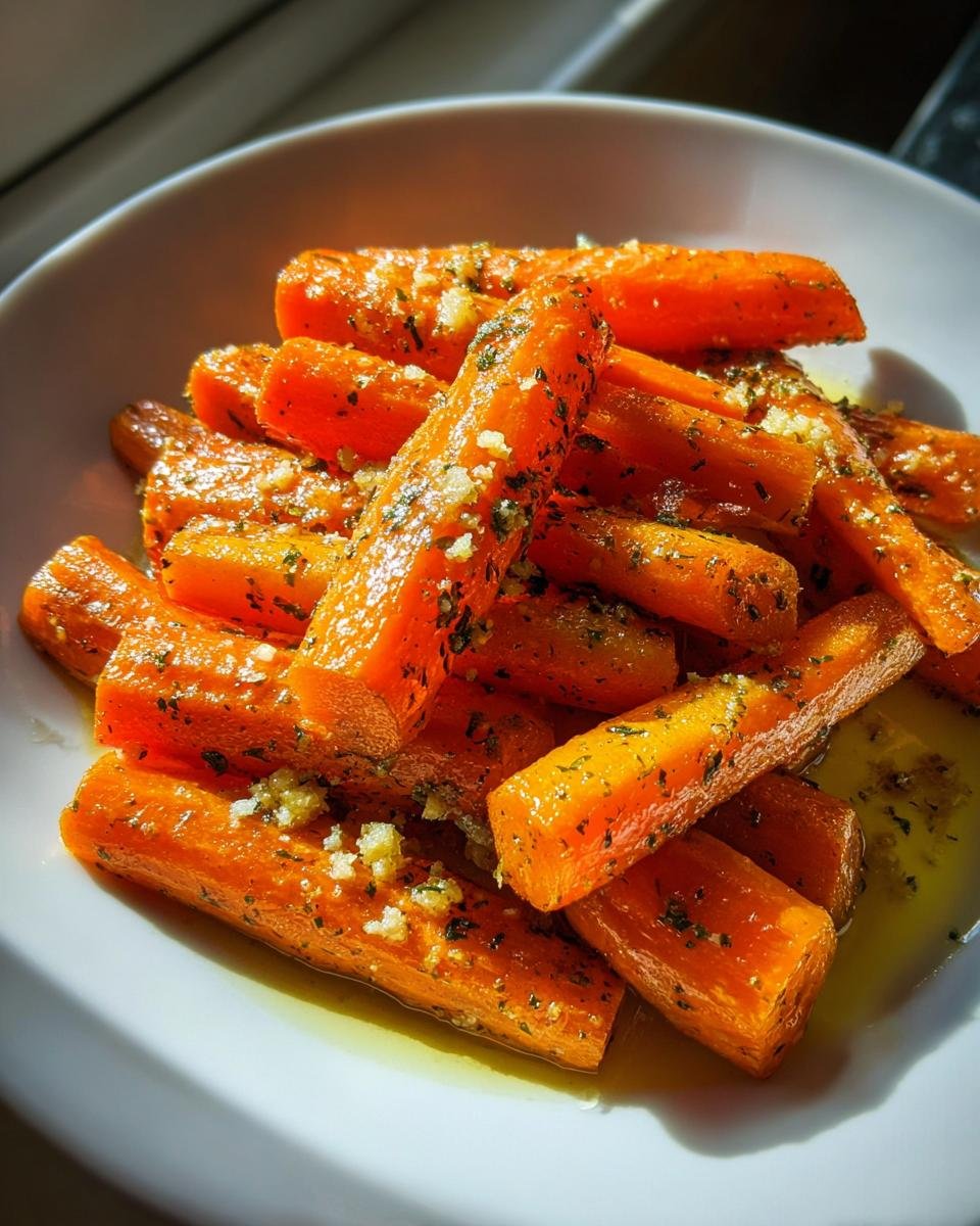 Close-up of bright orange Parmesan Garlic Roasted Carrots coated in herbs and minced garlic, sitting in oil in a white bowl.