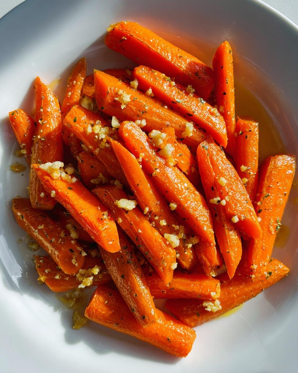 Close-up of bright orange Parmesan Garlic Roasted Carrots topped with minced garlic and herbs in a white serving dish.