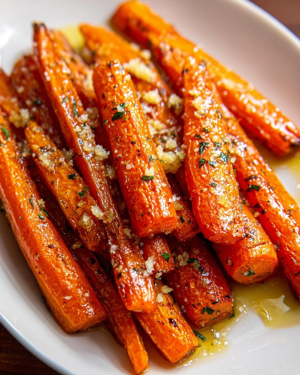 Close-up of glossy, roasted carrots topped with minced garlic and herbs, showcasing the Parmesan Garlic Roasted Carrots.