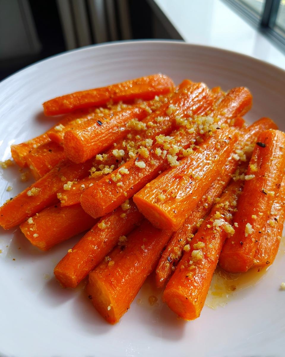 A close-up of glossy, roasted carrots topped with minced garlic and Parmesan, ready to serve.