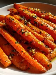 A close-up of vibrant orange Parmesan Garlic Roasted Carrots seasoned with herbs and garlic, served on a white dish.