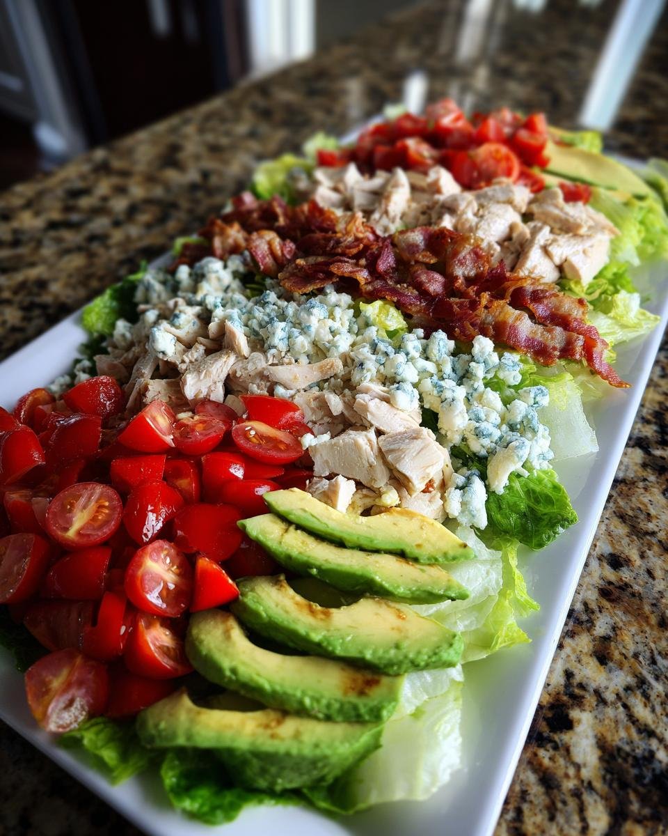 A beautifully arranged platter featuring the components of a Cobb Salad: chopped lettuce, sliced avocado, diced tomatoes, chicken, bacon, and blue cheese.