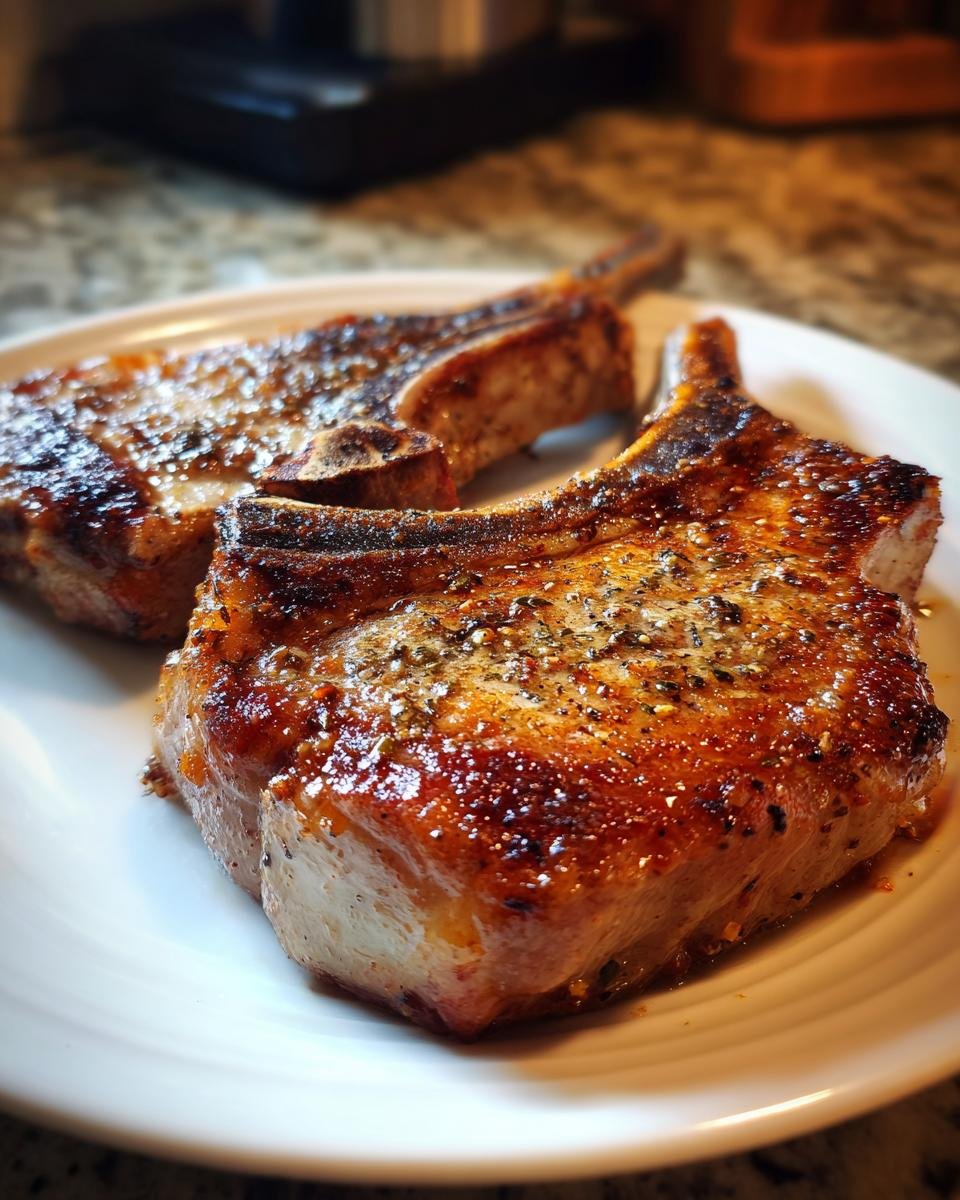 Two thick, bone-in Ranch Pork Chops, perfectly seared with a golden-brown crust and visible seasoning.