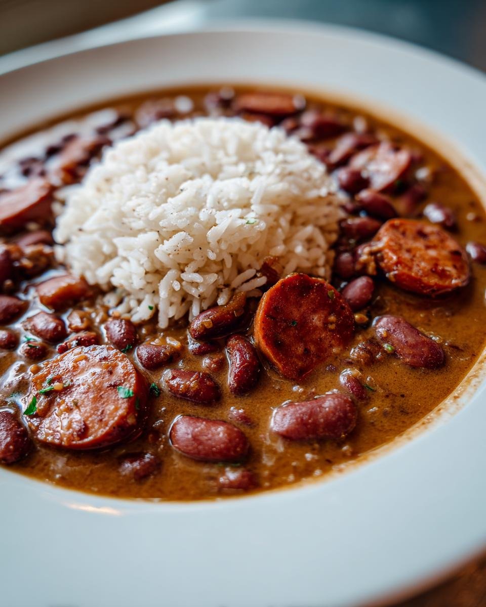 Close-up of a bowl of savory Red Beans And Rice topped with a mound of white rice and sliced andouille sausage