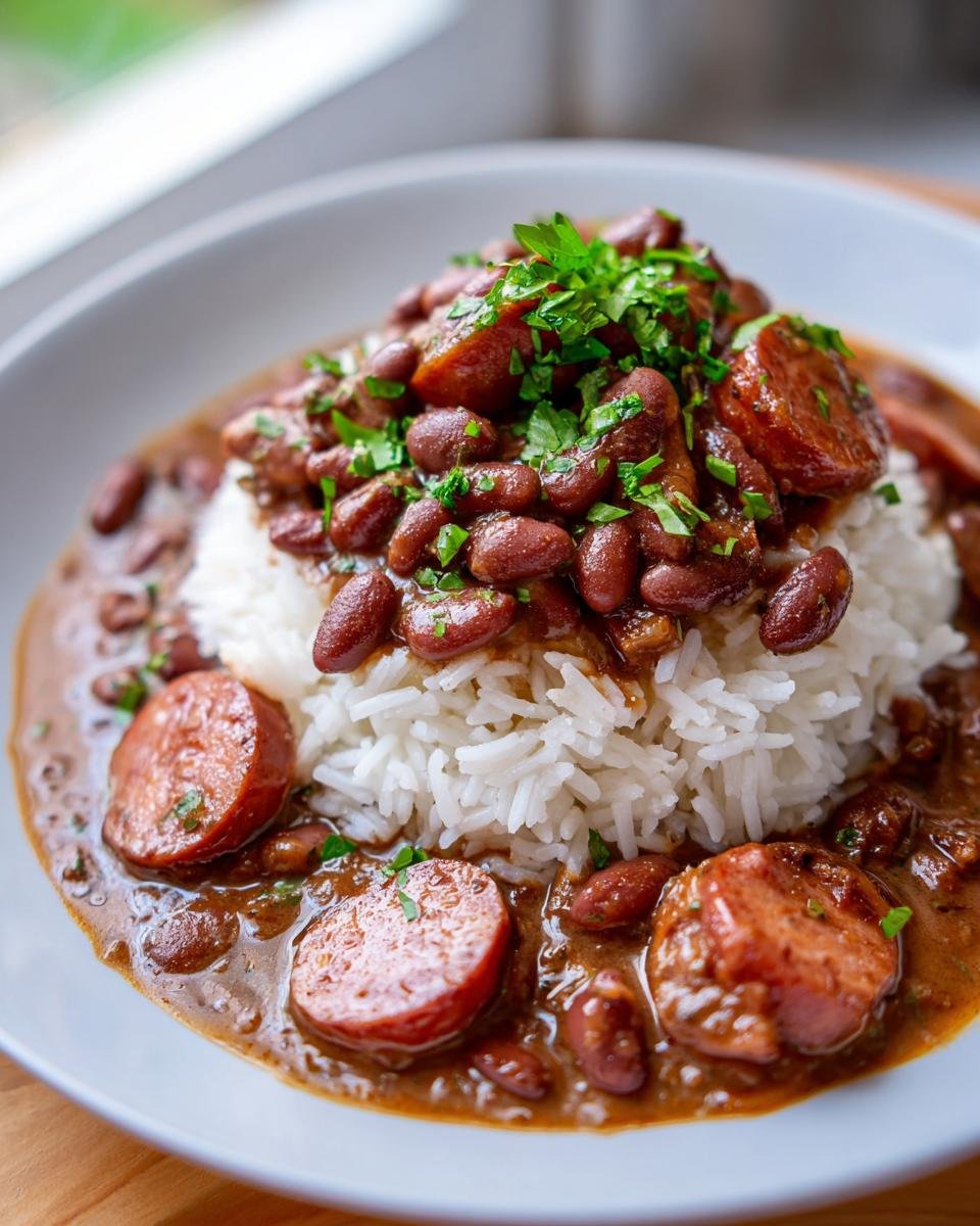 Close-up of a bowl of Red Beans And Rice topped with andouille sausage slices and fresh parsley.
