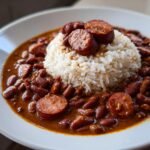A close-up of a bowl of rich, savory Red Beans And Rice topped with slices of smoked sausage.