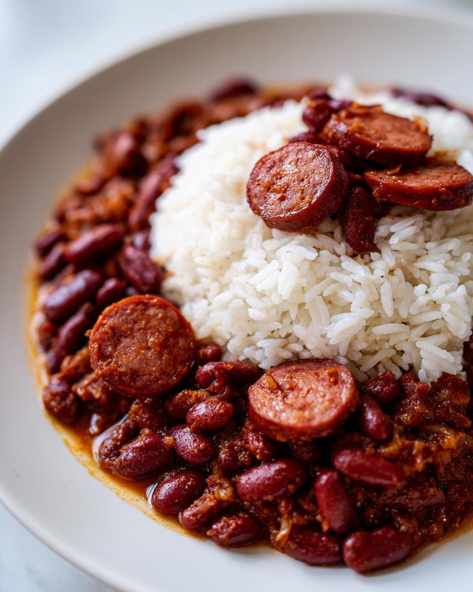 Close-up of a plate featuring a mound of white rice surrounded by rich, saucy Red Beans And Rice topped with sliced smoked sausage.