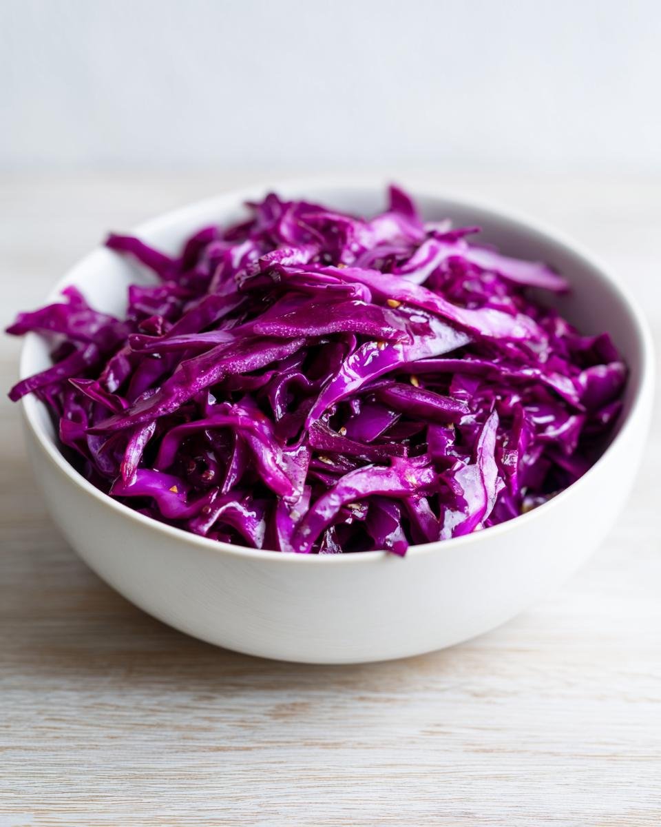Close-up of a white bowl filled with shredded Red Cabbage Slaw, glossy from dressing.