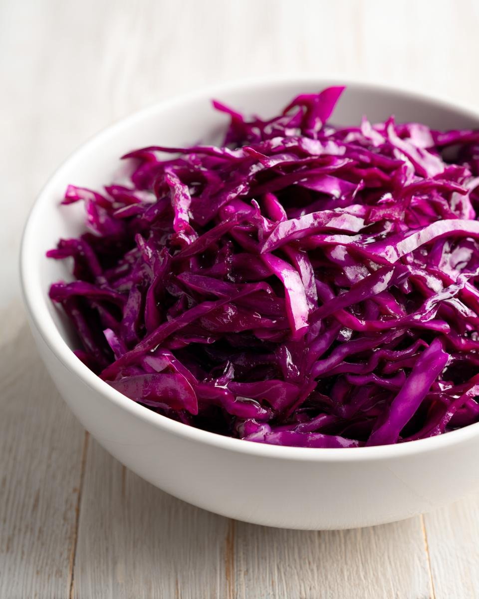 Close-up of vibrant, glossy shredded Red Cabbage Slaw served in a simple white bowl on light wood.