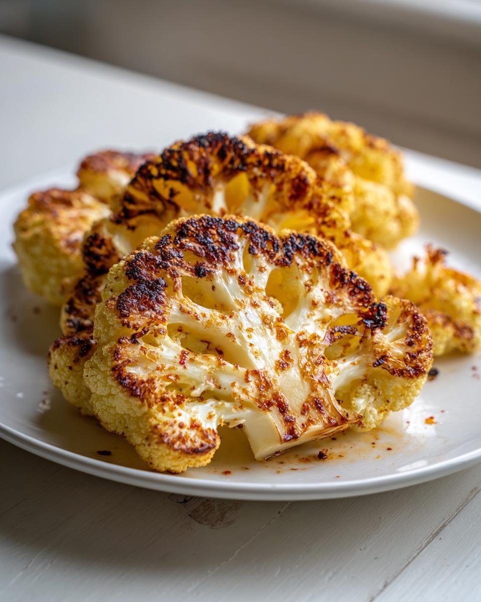 Close-up of several beautifully caramelized Roasted Cauliflower Steaks served on a white plate.