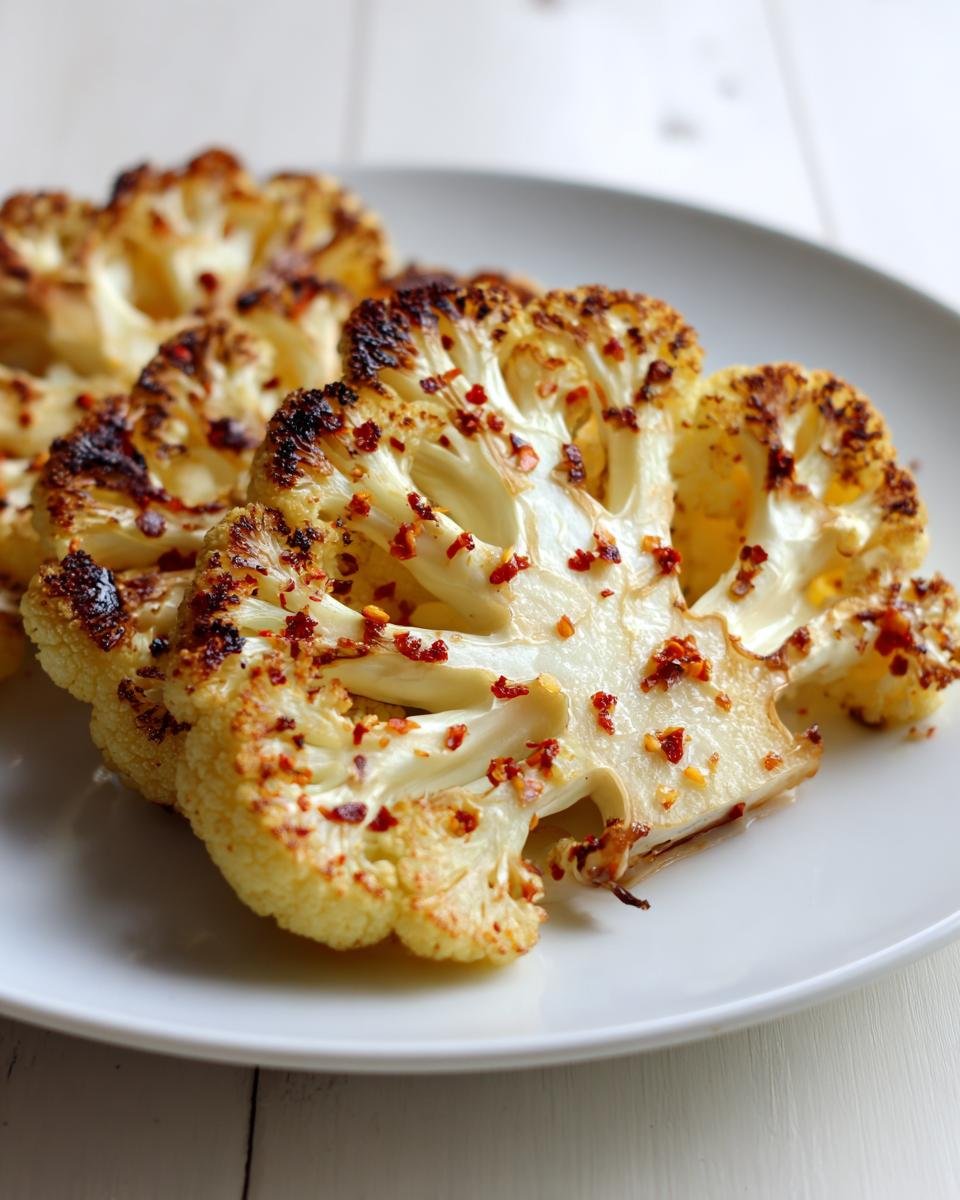 Close-up of golden brown Roasted Cauliflower Steaks seasoned with visible red chili flakes on a white plate.