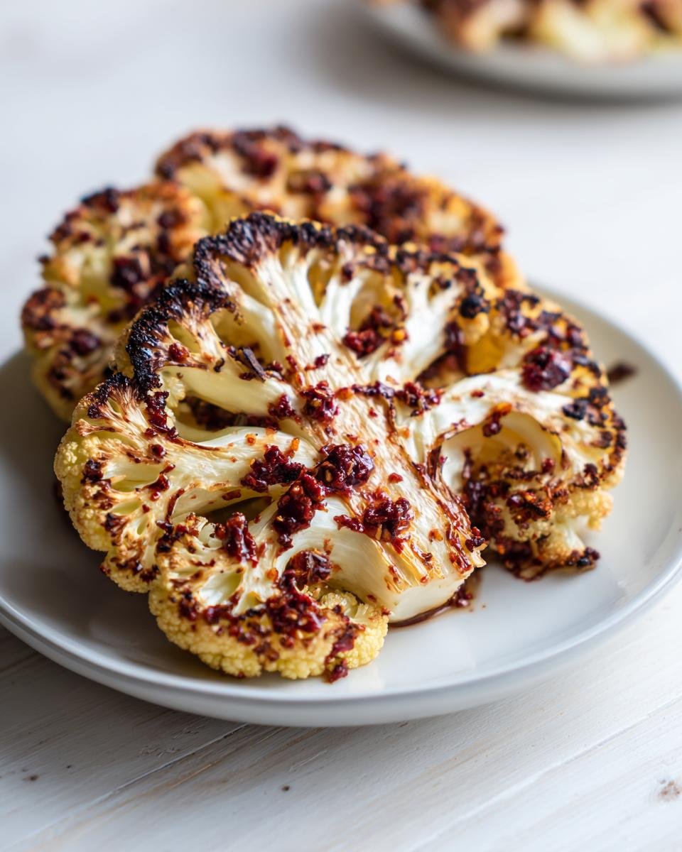 Three perfectly cooked Roasted Cauliflower Steaks on a white plate, topped with a dark red, savory spice rub.