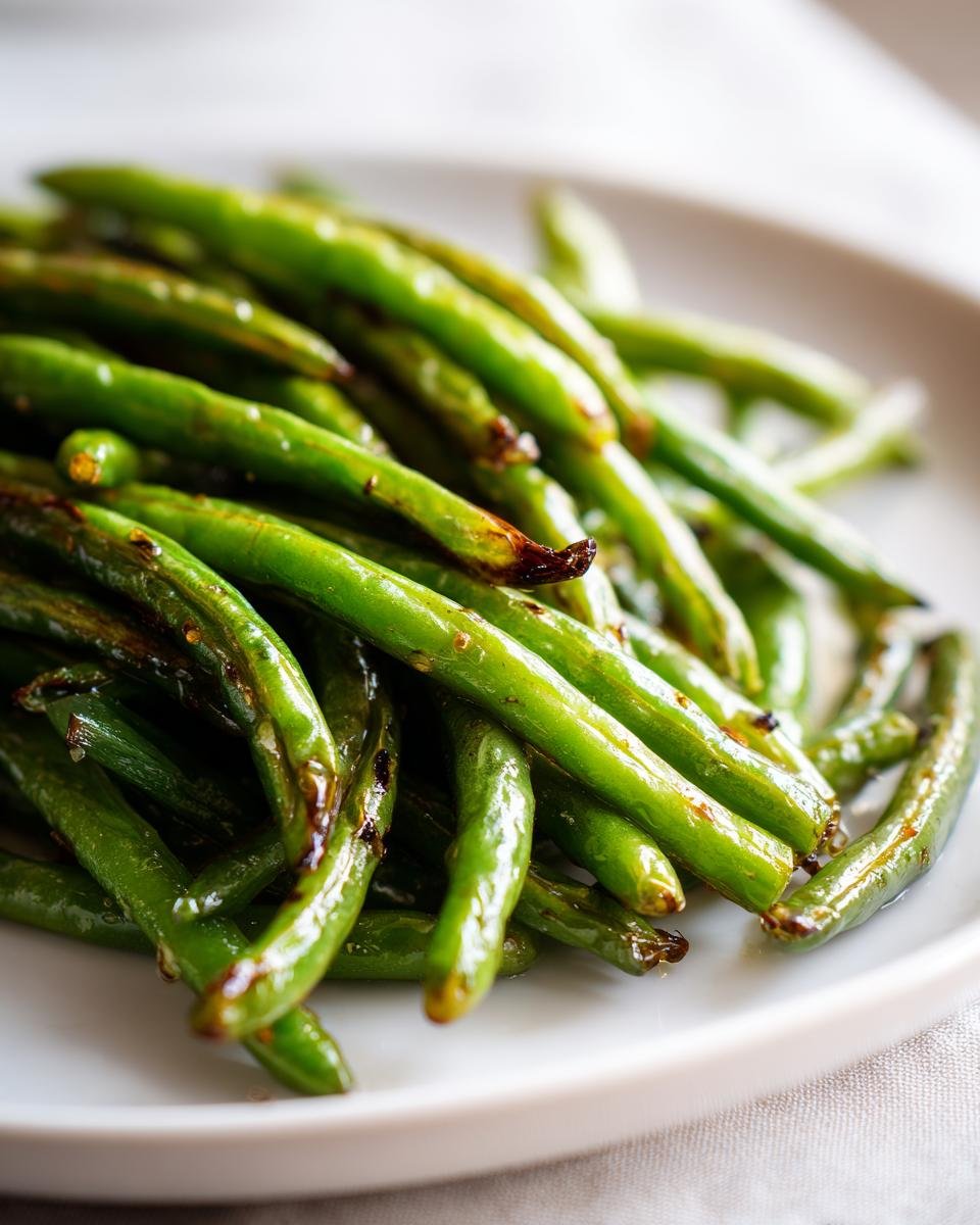A close-up shot of bright green Roasted Green Beans with slight charring on a white plate.