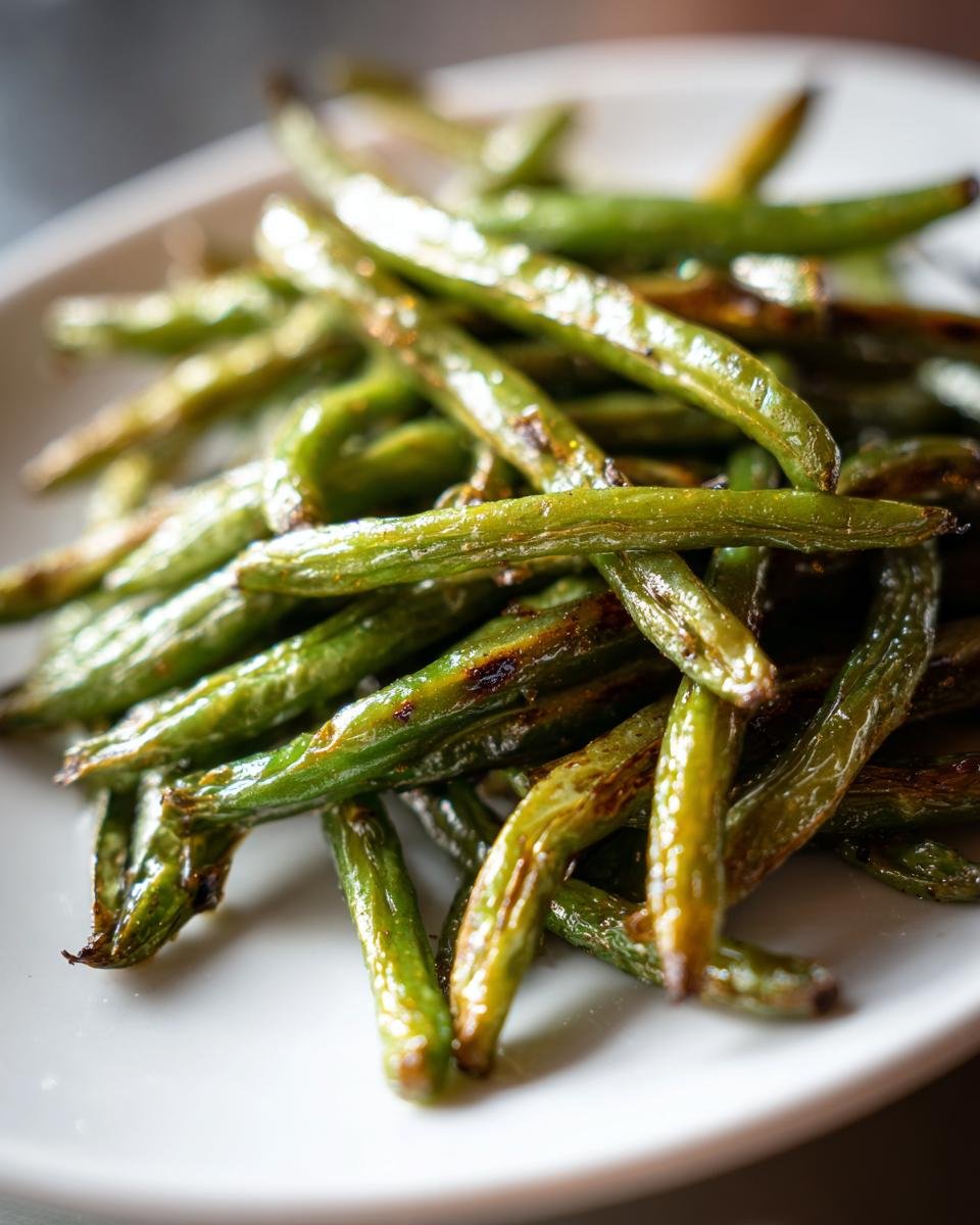 Close-up of perfectly seasoned and Roasted Green Beans with slight charring on a white plate.