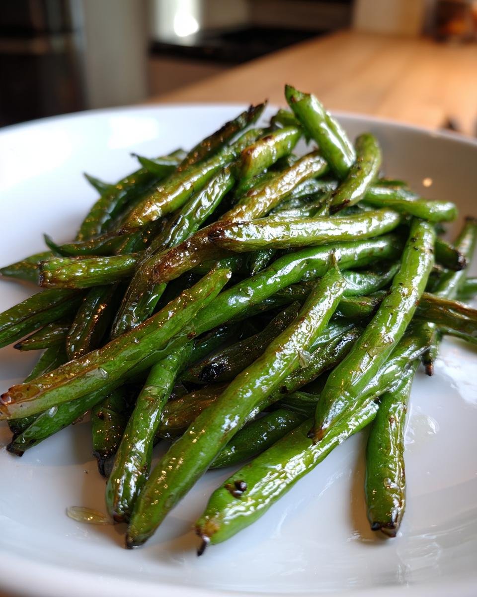 A close-up of a pile of glossy, perfectly Roasted Green Beans with slight charring, served on a white plate.