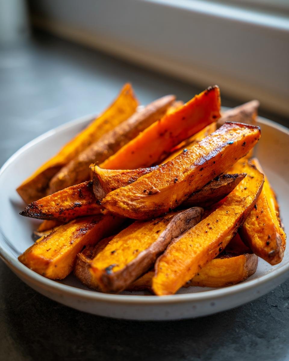 A close-up of perfectly caramelized Roasted Sweet Potato Wedges piled high in a light-colored bowl.