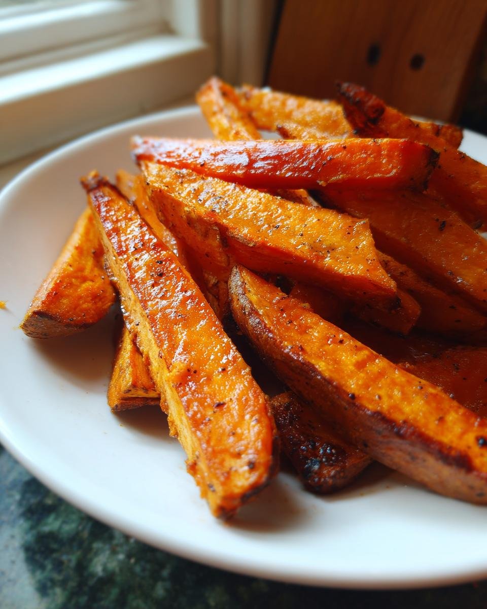 A close-up of glistening, caramelized Roasted Sweet Potato Wedges seasoned with pepper, piled on a white plate.