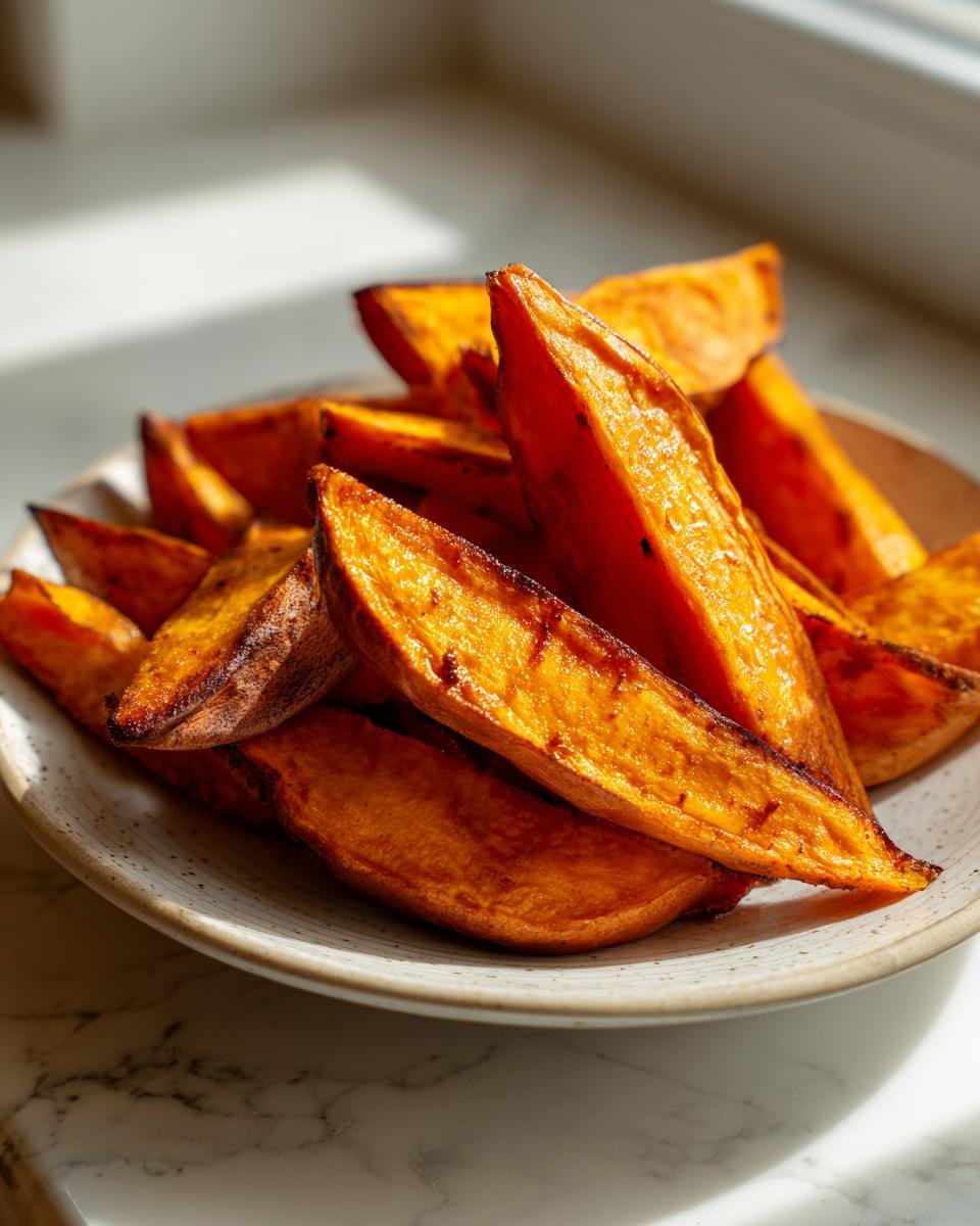 Close-up of golden brown, caramelized Roasted Sweet Potato Wedges piled high on a speckled white plate.