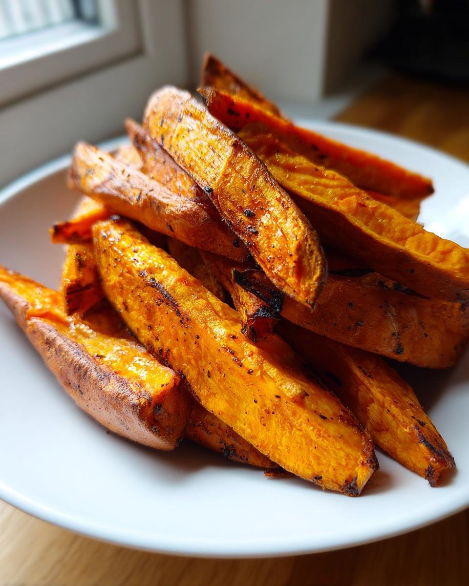 A close-up of a pile of perfectly seasoned and Roasted Sweet Potato Wedges on a white plate.
