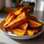 A close-up of a white bowl piled high with golden brown, perfectly Roasted Sweet Potato Wedges.