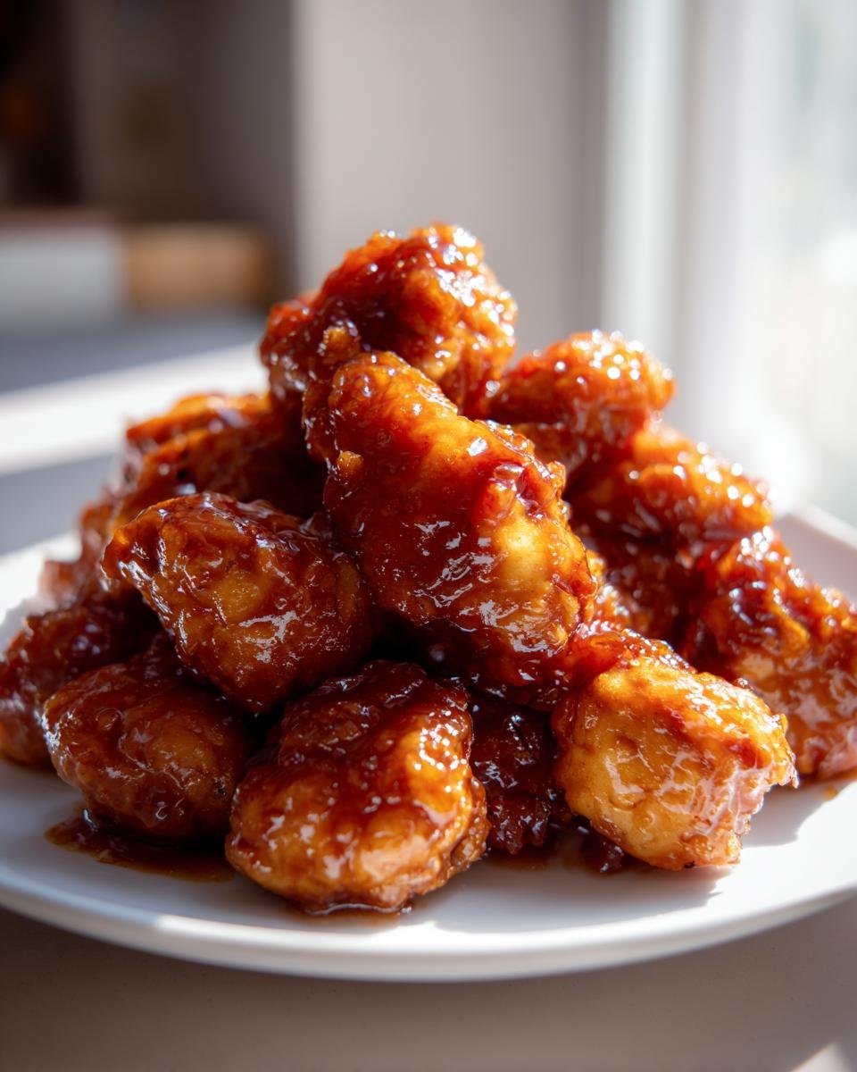 Close-up of bite-sized pieces of Saucy Chicken piled high on a white plate, glistening with a thick, dark glaze.