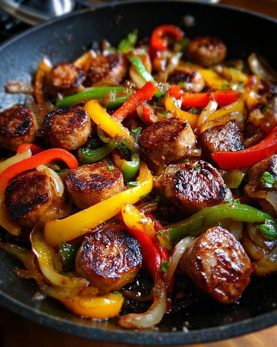 Close-up of browned sausage slices mixed with colorful bell peppers and onions in a Sausage And Peppers Skillet.