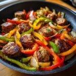Close-up of browned sausage slices mixed with colorful saut&eacute;ed bell peppers and onions in a Sausage And Peppers Skillet.